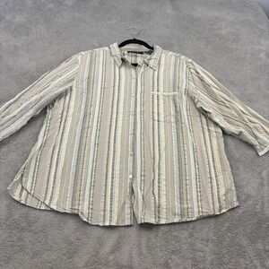 Angelique Button Up Shirt Womens 2X Brown Green Striped 3/4 Sleeve Casual Plus